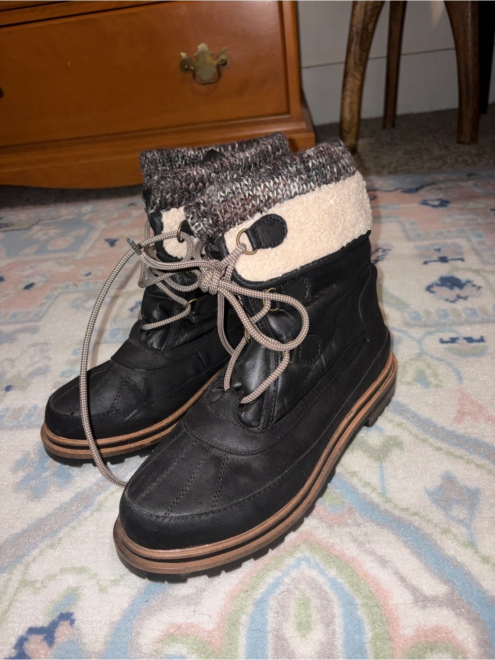 Maurices Black Winter Ankle Boots with Cream Sherpa Cuff and Tan Trim
